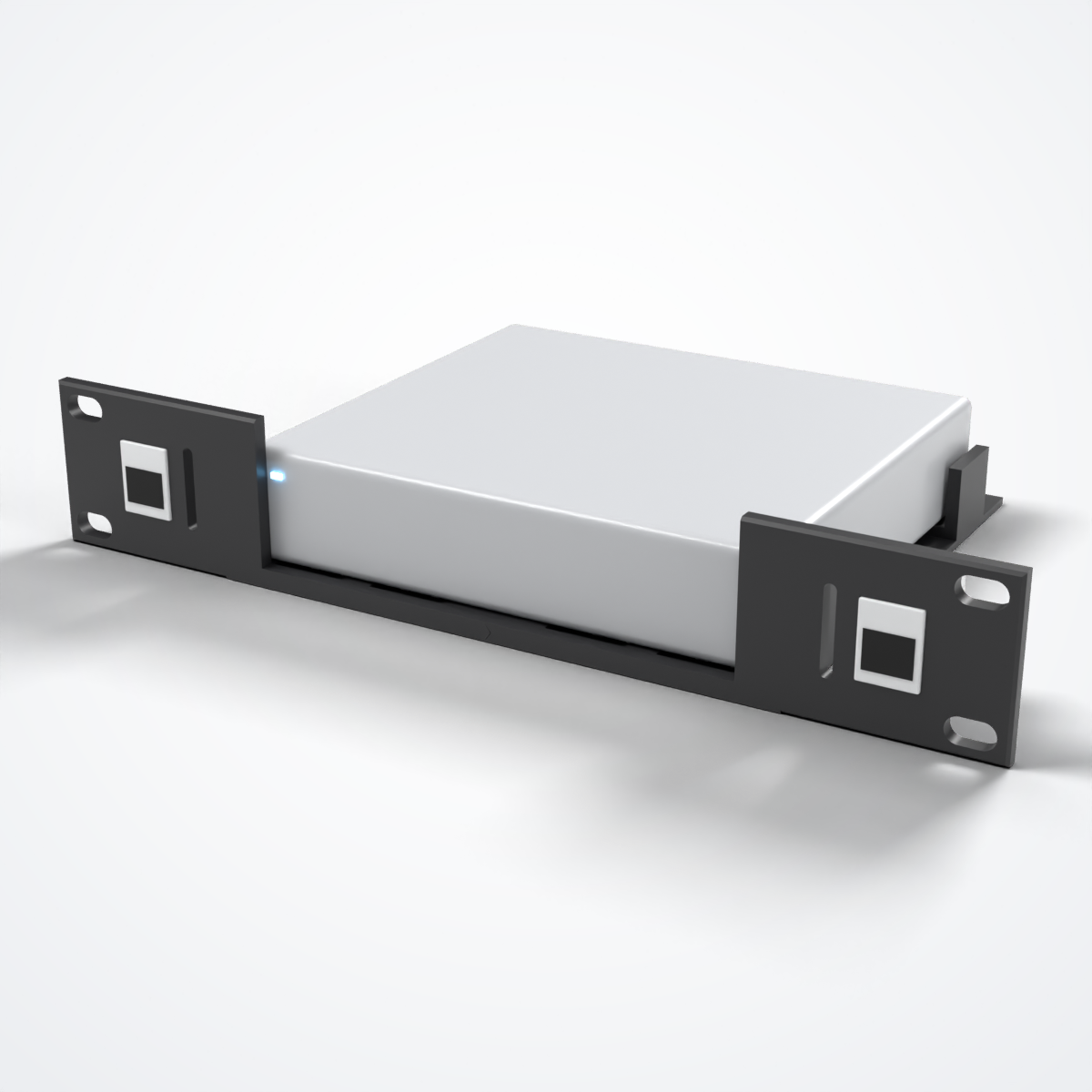 Neutrino 10-inch 1U rack mount in black PETG with 2 keystone ports holding a generic gateway (compatible with UniFi UCG-Ultra, UCG-Max and UXG-Max)