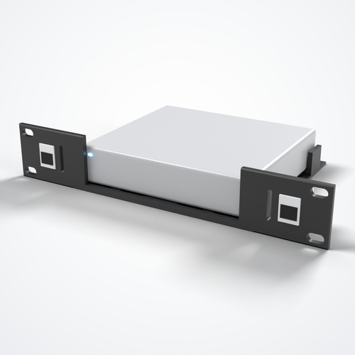 Neutrino 10-inch 1U rack mount in black PETG with 2 keystone ports holding a generic gateway (compatible with UniFi UCG-Ultra, UCG-Max and UXG-Max)