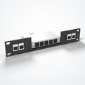 Neutrino 10-inch 1U rack mount in black PETG with 4 keystone ports holding a generic 5-port switch, Flex Mini version (compatible with UniFi Flex Mini)