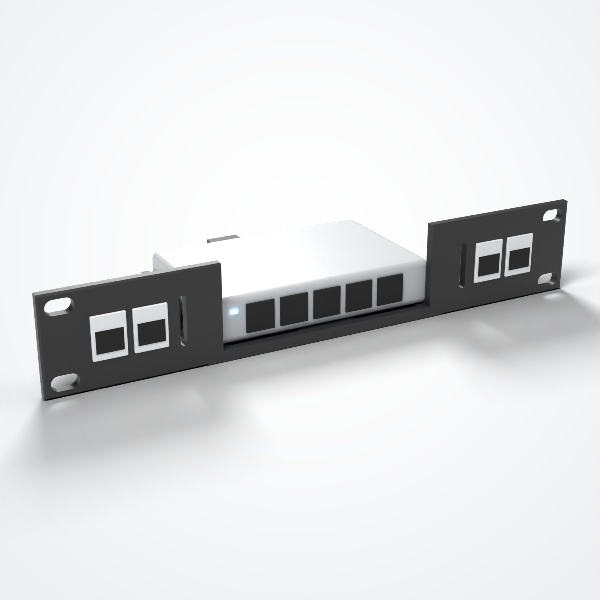 Neutrino 10-inch 1U rack mount in black PETG with 4 keystone ports holding a generic 5-port switch, Flex Mini version (compatible with UniFi Flex Mini)