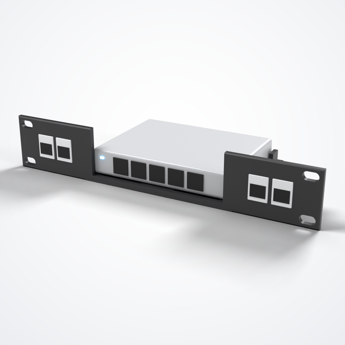 Neutrino 10-inch 1U rack mount in black PETG with 4 keystone ports holding a generic 5-port switch, Flex 2.5G version (compatible with UniFi Flex Mini 2.5G)