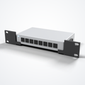 Neutrino 10-inch 1U rack ears in black PETG holding a generic 8-port switch (compatible with UniFi Lite 8 PoE)