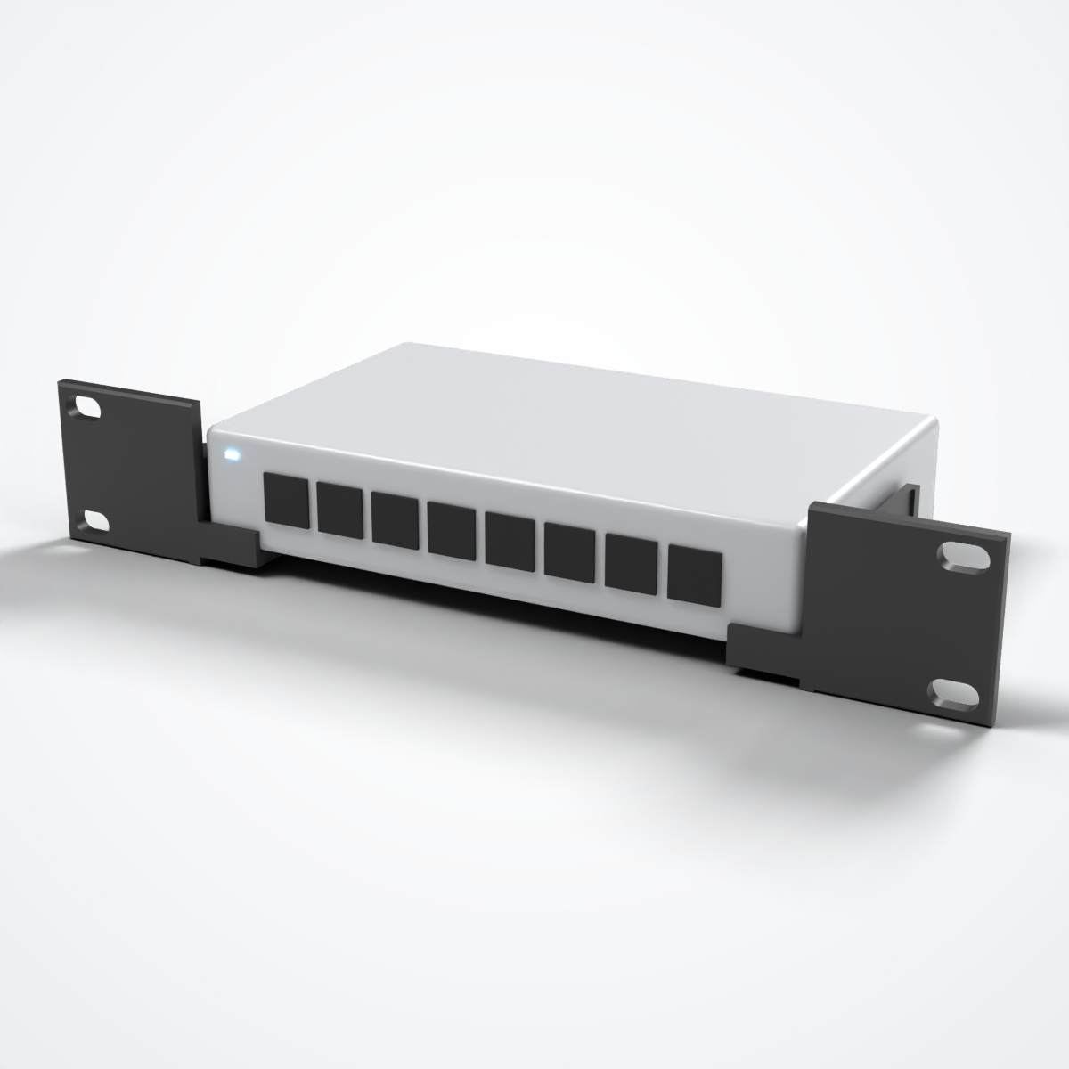 Neutrino 10-inch 1U rack ears in black PETG holding a generic 8-port switch (compatible with UniFi Lite 8 PoE)