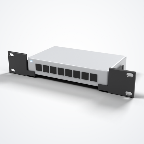 Neutrino 10-inch 1U rack ears in black PETG holding a generic 8-port switch (compatible with UniFi Lite 8 PoE)